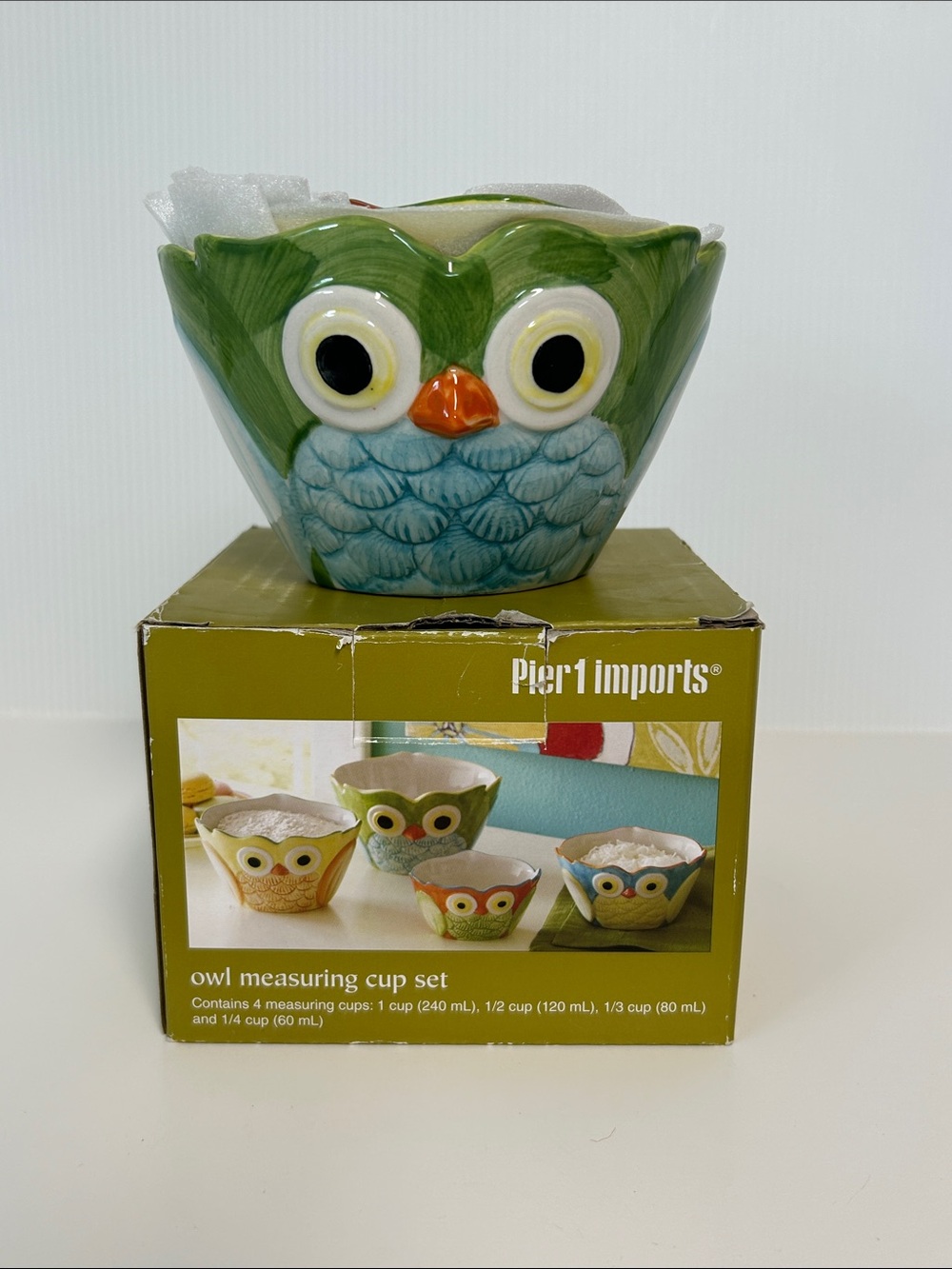 Pier 1 Nesting Colorful Handpainted Owl Ceramic Measuring Cup Set With Box